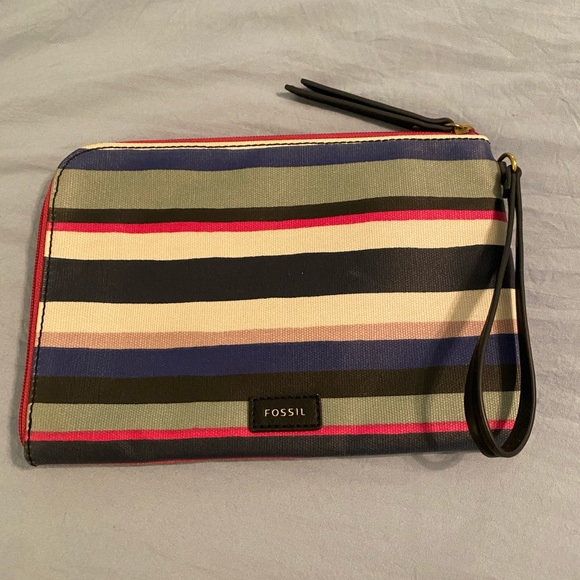 Gently Used Fossil Eliza Blue Stripe Wristlet - Picture 1 of 6